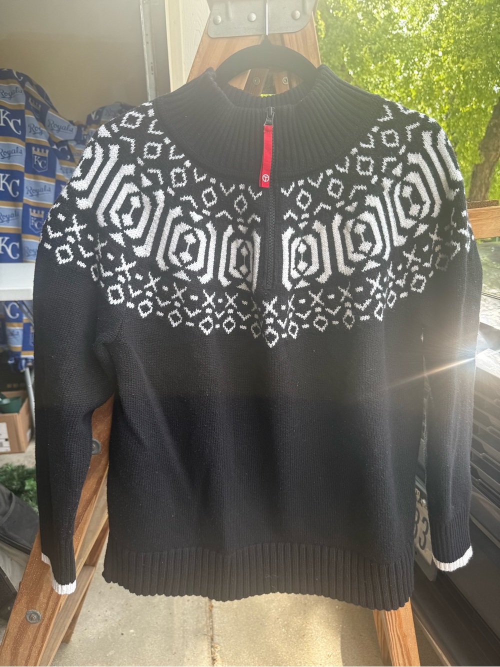Talbots Black and White Nordic Half-Zip Sweater with Red Trim